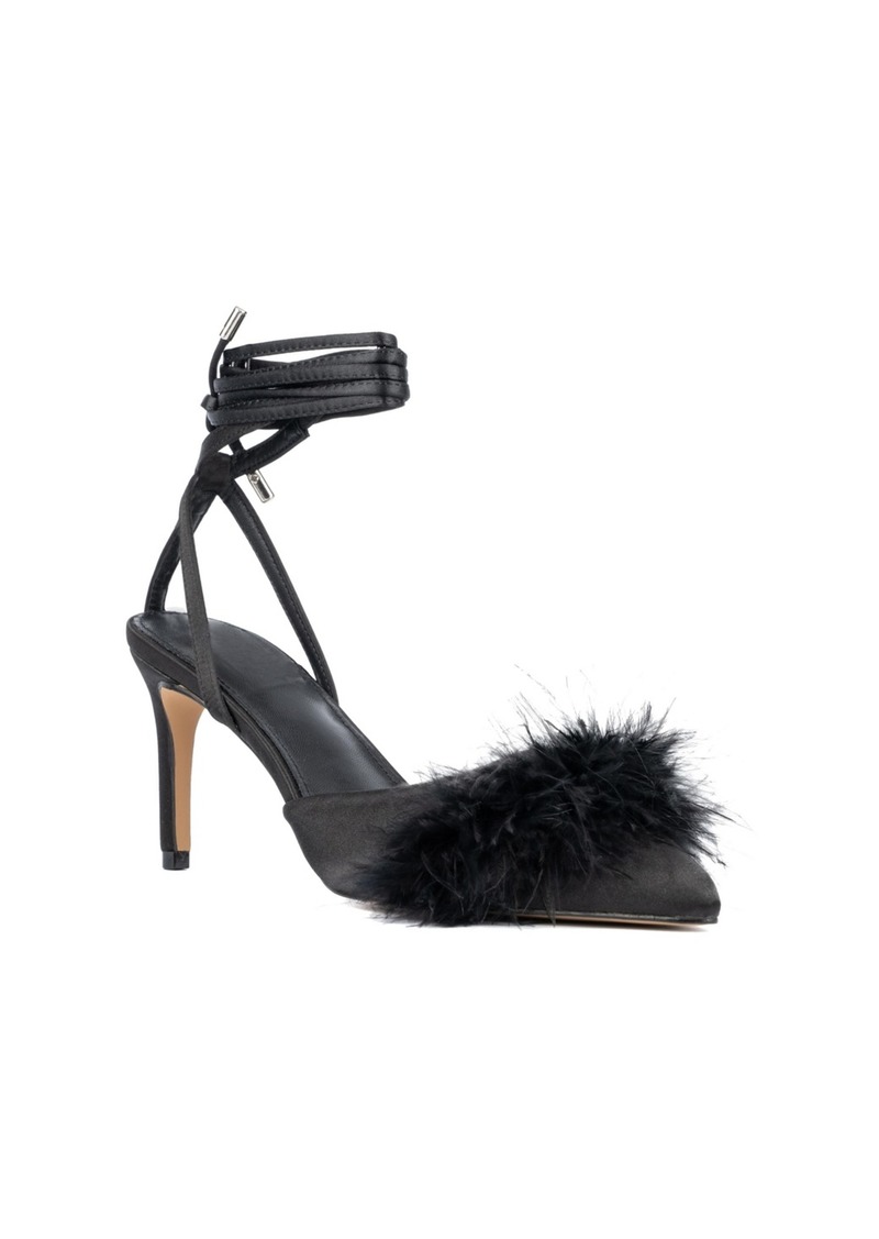 New York & Company Womens Saylor- Faux Feather Heel Sandal - Black