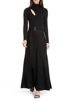 NICHOLAS Cutout Long Sleeve Belted Wool & Cotton Dress in Black at Nordstrom