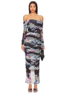 NICHOLAS Oaklyn Off Shoulder Shirred Midi Dress