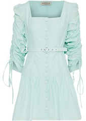Nicholas Woman Belted Ruched Cotton And Silk-blend Mini Dress Mint
