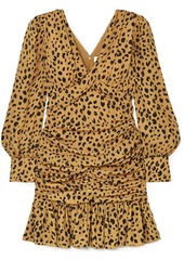 Nicholas Woman Ruched Leopard-print Silk-crepe Mini Dress Mustard
