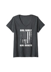 Womens Nicholas County Blue Jackets God. Family. Vintage USA Flag V-Neck T-Shirt