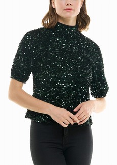 Nicole Miller Ava Velvet Sequin Short Sleeve Top In Emerald