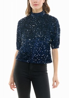 Nicole Miller Ava Velvet Sequin Short Sleeve Top In Navy