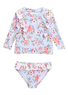 Nicole Miller Long Sleeve Rashguard Two-Piece Swimsuit Set in White/Blue at Nordstrom Rack