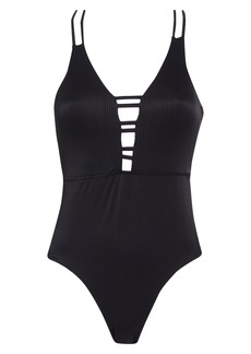 NICOLE MILLER NEW YORK Plunge Cutout Ribbed One-Piece Swimsuit in Black at Nordstrom Rack
