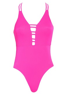 NICOLE MILLER NEW YORK Plunge Cutout Ribbed One-Piece Swimsuit in Hot Bubble Gum at Nordstrom Rack
