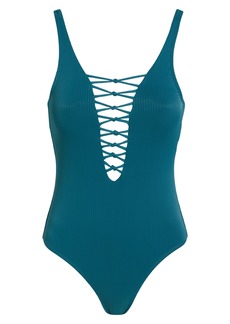 NICOLE MILLER NEW YORK Rib Lace-Up One-Piece Swimsuit in Jasper at Nordstrom Rack