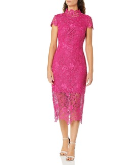 Nicole Miller New York Women's Short Sleeve Fitted lace Dress with Sheer Skirt Bottom Lipstick_Pink