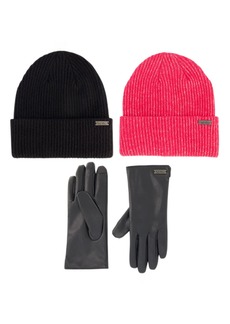 Nicole Miller Set for Women Pack of 2 Winter Beanie Hats Soft & Faux Leather Gloves  L/XL