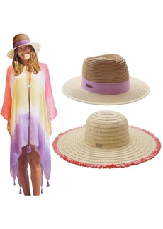 Nicole Miller Women's 2 Sun Beach Coverup Straw Hat & Duster-Coral/Lavender Standard