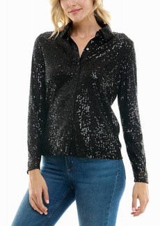 Nicole Miller Nora Sequin Button Front Shirt In Very Black