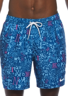 "Nike Men's Blender Tossed Logo-Print 7"" Twill Swim Trunks - Court Blue"