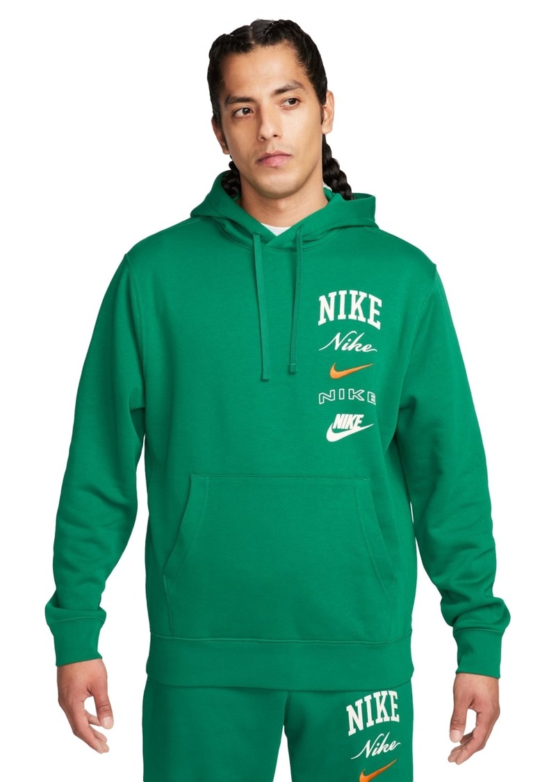 Nike Men's Club Fleece Stacked Logo-Print Hoodie - Malachite/sail/safety Orange