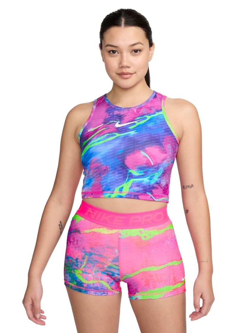 Nike Women's Pro Printed Dri-fit Cropped Training Tank - Hyper Pink/green Strike