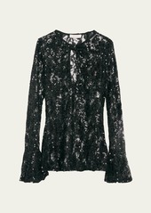 Nina Ricci Sequined Cutout Bell-Cuff Lace Top