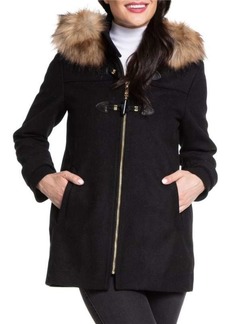 Nine West Faux Fur Trim Hood Wool Blend Jacket