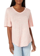 NINE WEST Women's Amelie V Neck Short Sleeve Tee Shirt Sunset Coral-Heathered Stripe
