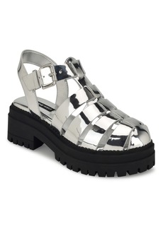 Nine West Women's Anybel Round Toe Lug Sole Casual Sandals - Silver Mirror Metallic - Manmade