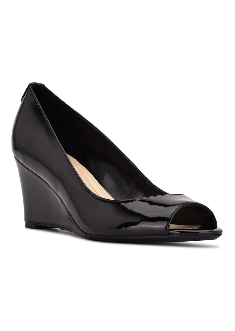 Nine West Women's Cape 9X9 Round Toe Peep Toe Dress Wedges - Black Patent