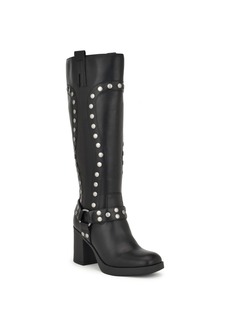 Nine West Women's Cert Square Toe Block Heel Studded Knee-High Moto Boots - Black Smooth