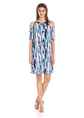 NINE WEST Women's Cold Shoulder Trapeze Dress with Smocking Detail Candy/ICE Blue Multi