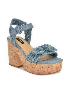 Nine West Women's Comiele Square Toe Block Heel Wedge Sandals - Medium Blue