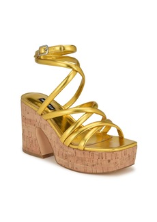 Nine West Women's Corke Strappy Square Toe Wedge Sandals - Metallic Yellow