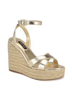 Nine West Women's Earnit Round Toe Ankle Strap Wedge Sandals - Gold - Faux Leather