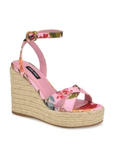 Nine West Women's Earnit Round Toe Ankle Strap Wedge Sandals - Pink Rose Print Satin