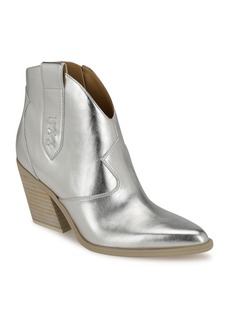 Nine West Women's Fainay Block Heel Pointy Toe Western Booties - Silver Faux Leather-Polyurethane