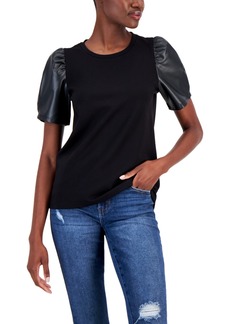 Nine West Women's Faux Leather Puff-Sleeve Top - Black