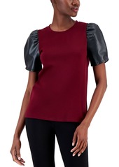 Nine West Women's Faux Leather Puff-Sleeve Top - Chocolate Berry