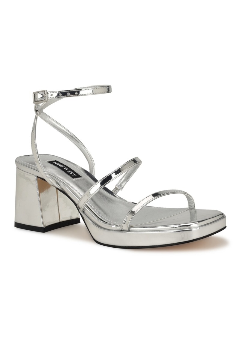 Nine West Women's Flame Square Toe Strappy Dress Sandals - Silver Mirror Metallic