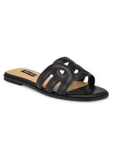 Nine West Women's Geena Round Toe Flat Slip-On Sandals - Black - Faux Leather
