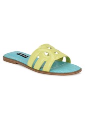 Nine West Women's Geena Round Toe Flat Slip-On Sandals - Neon Lemon Lime Patent - Faux Patent Lea