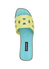 Nine West Women's Geena Round Toe Flat Slip-On Sandals - Neon Lemon Lime Patent - Faux Patent Lea