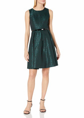 NINE WEST Women's Jacquard Crew Neck Fit and Flare Dress with Belt