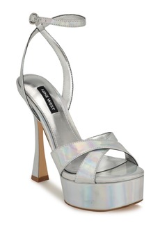 Nine West Women's Jessie Round Toe Tapered Heel Dress Sandals - Silver Iridescent Mirror Metallic- Manma