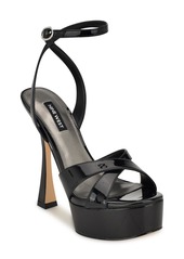 Nine West Women's Jessie Round Toe Tapered Heel Dress Sandals - Black- Faux Patent Leather