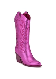 Nine West Women's Keeks Pointy Toe Block Heel Western Boots - Metallic Magenta Faux Leather