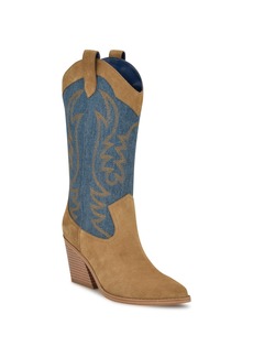 Nine West Women's Keeks Pointy Toe Block Heel Western Boots - Caramel Suede, Blue Denim