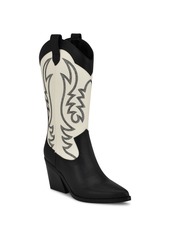 Nine West Women's Keeks Pointy Toe Block Heel Western Boots - White, Black Faux Leather