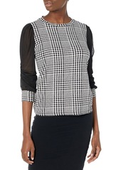 NINE WEST Women's Long Boat Neck Puff Sleeve Mixed Media Pullover