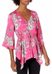 Nine West Women's Long Sleeve V-Neck Printed Blouse with Waist TIE Detail  L