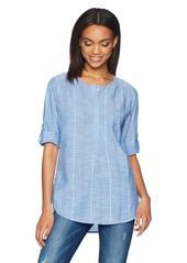 NINE WEST Women's Lucy High Low Henley Shirt with Roll Sleeves