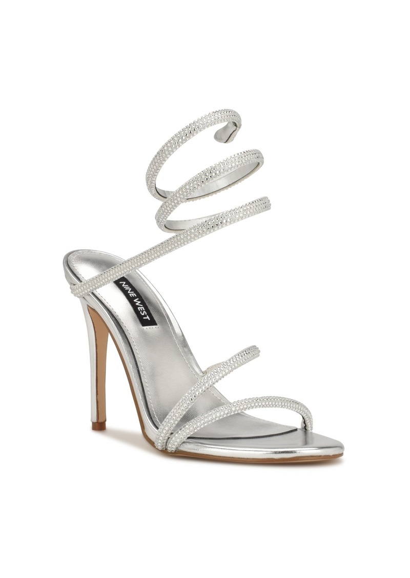 Nine West Women's Maskil Ankle Wrap Heeled Dress Sandals - Silver Textile