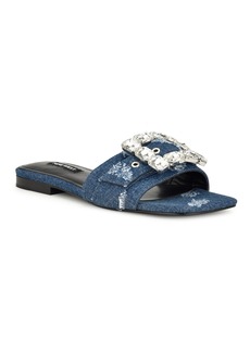 Nine West Women's Matter Slip-On Embellished Flat Sandals - Dark Blue Denim- Textile