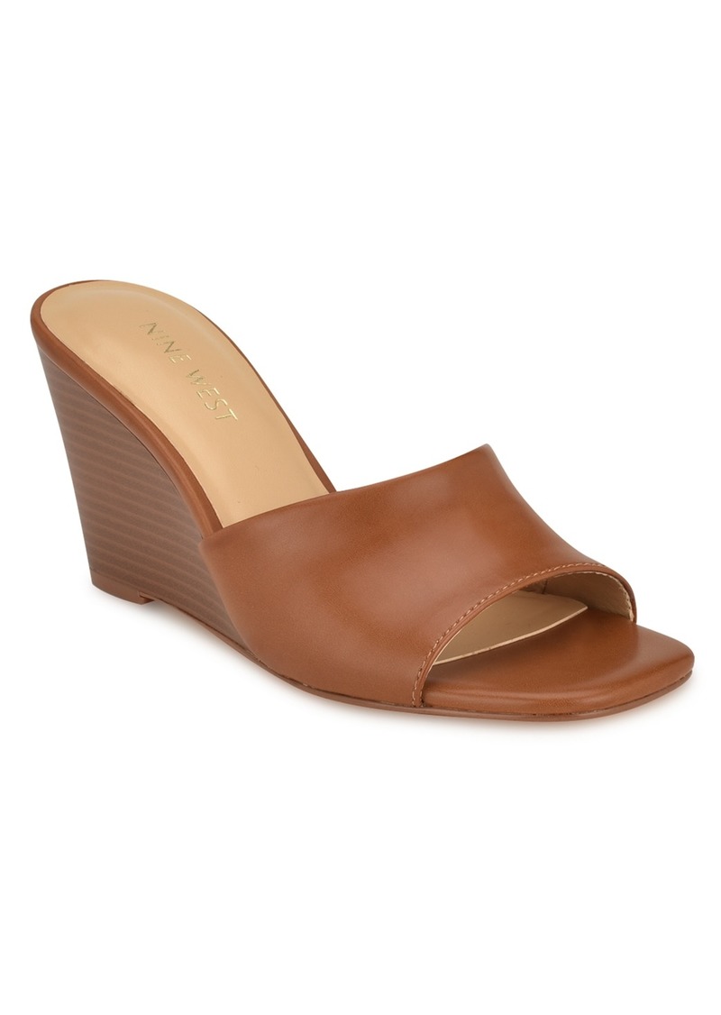 Nine West Women's Niya Square Toe Slip-On Wedge Dress Sandals - Cognac- Faux Leather- Polyurethane