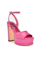 Nine West Women's Platt Tapered Heel Square Toe Dress Sandals - Pink Patent - Faux Patent Leather- Polyu